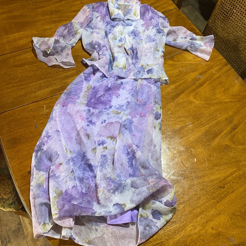 R&M Richards Purple and Blue Sundress with Bell Sleeves and Notched Collar